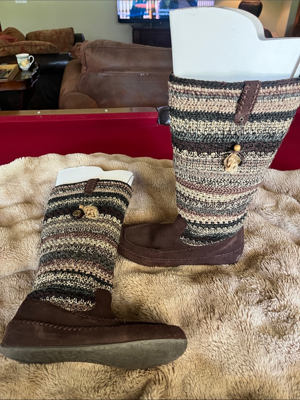 The Sak Brown Suede and Multicolor Striped Knit Tall Boots